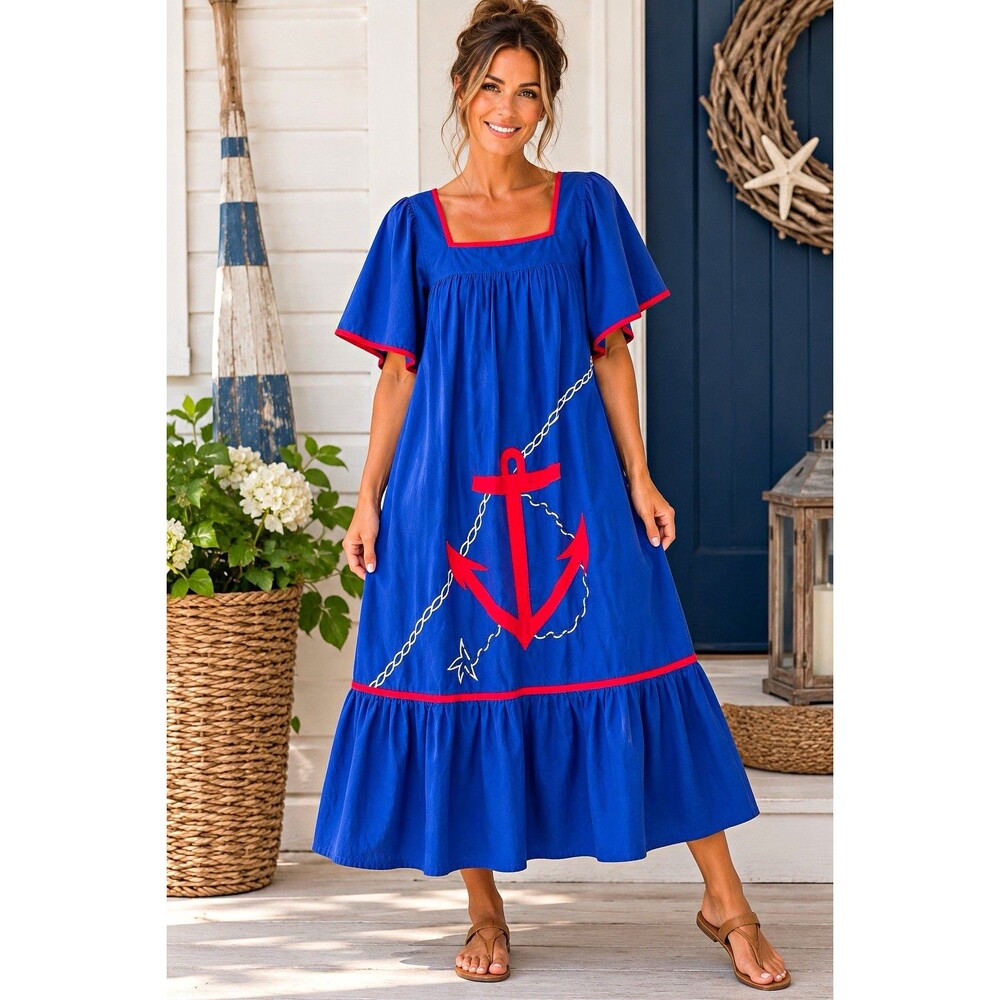 Blue Nautical Anchor Embroidered Square Neck Pullover Midi Shift Dress One Size